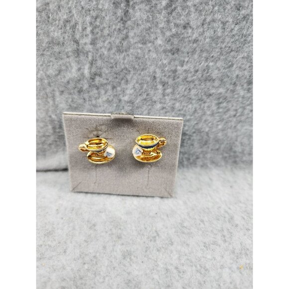 Tea Time Gold & White Novelty Pierced Earrings By Avon  Surgical Steel Posts - Picture 1 of 7
